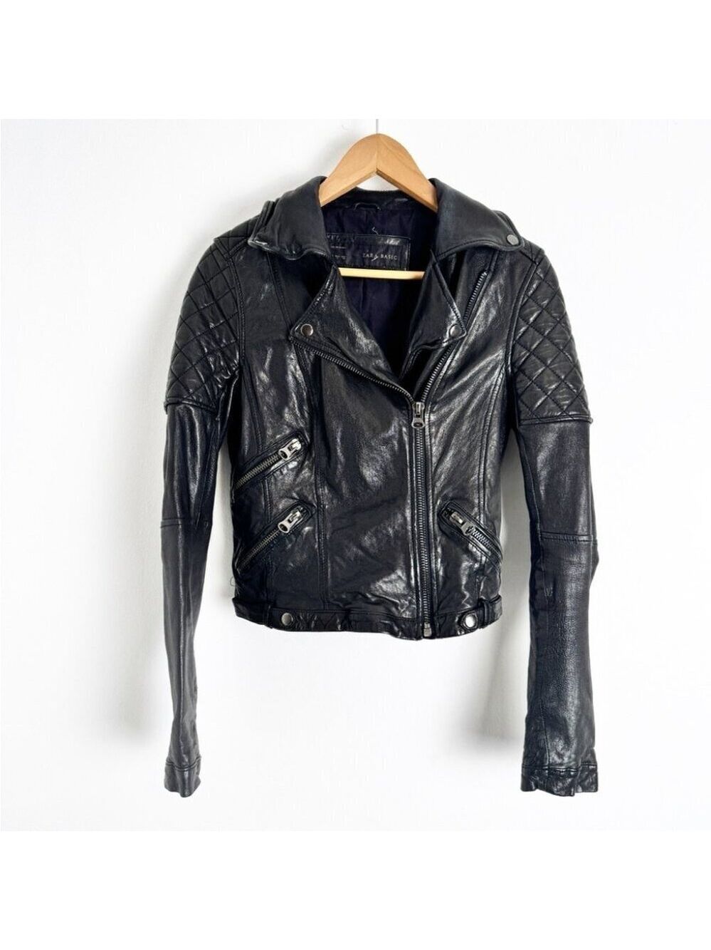 Rare Zara Black Lamb Leather Biker Moto Jacket size S